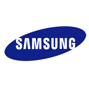 a blue samsung logo on a gray background
