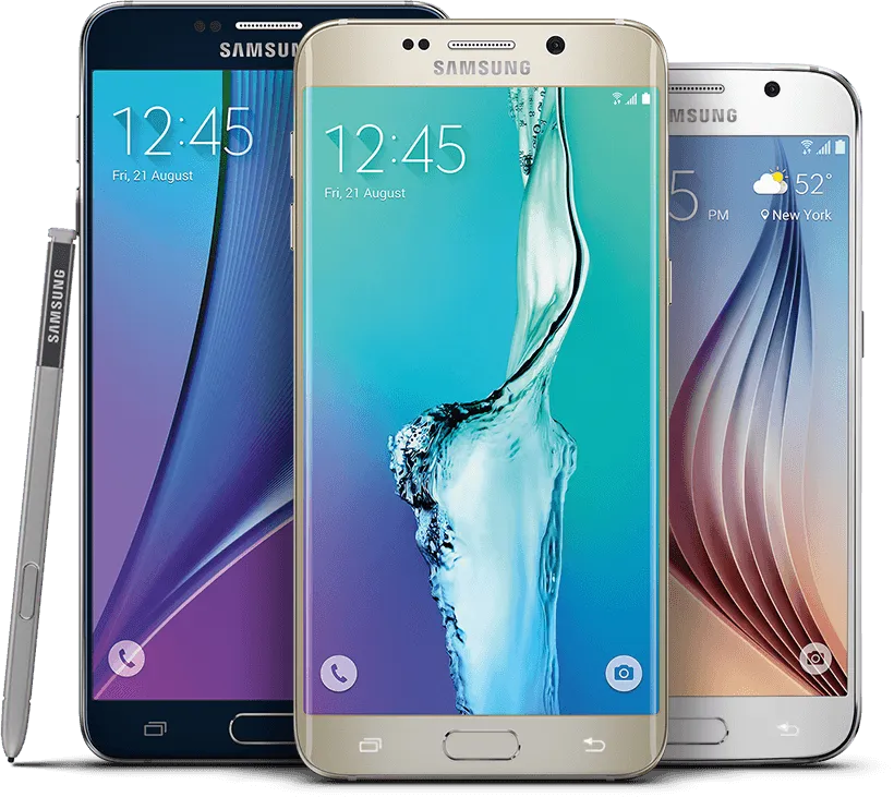 three samsung phones with a pen in front of them